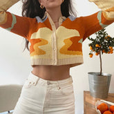 Vintage Multicolored  Color Block Collared Button Up Cropped Knit Cardigan
